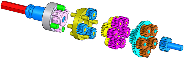 This is actually a power screwdriver transmission. The right side is a three stage planetary gearbox, the left is a shift mechanism to disable one stage for a higher speed mode. Drills and screwdrivers are examples of reduction drive uses where backlash is harmless