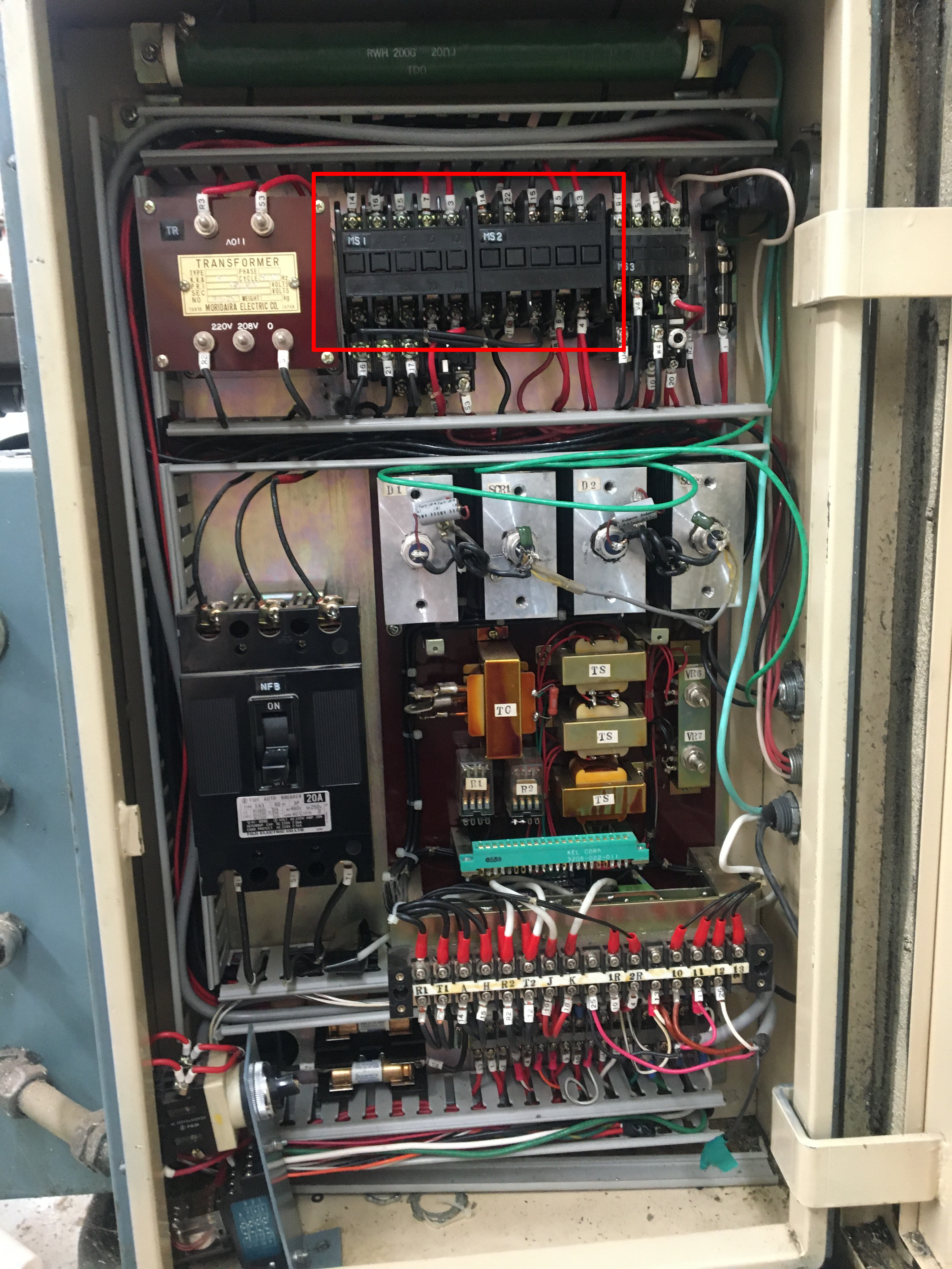 AC contactor switches used to power the stator coils, one for each polarity.